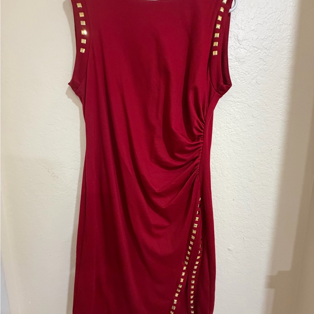 Emma & Michele Red Asymmetrical Dress with Gold Details